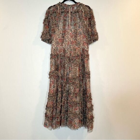 Mac Duggal 8010 Size 2 Beige Floral Flutter Sleeve Ruffle Mesh Print Midi Dress - Picture 7 of 8